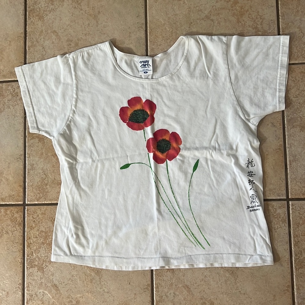Vintage Crazy Shirts BaulLouie Hawaii Boxy Crop Tshirt‎ Poppy Flower, Sz Medium